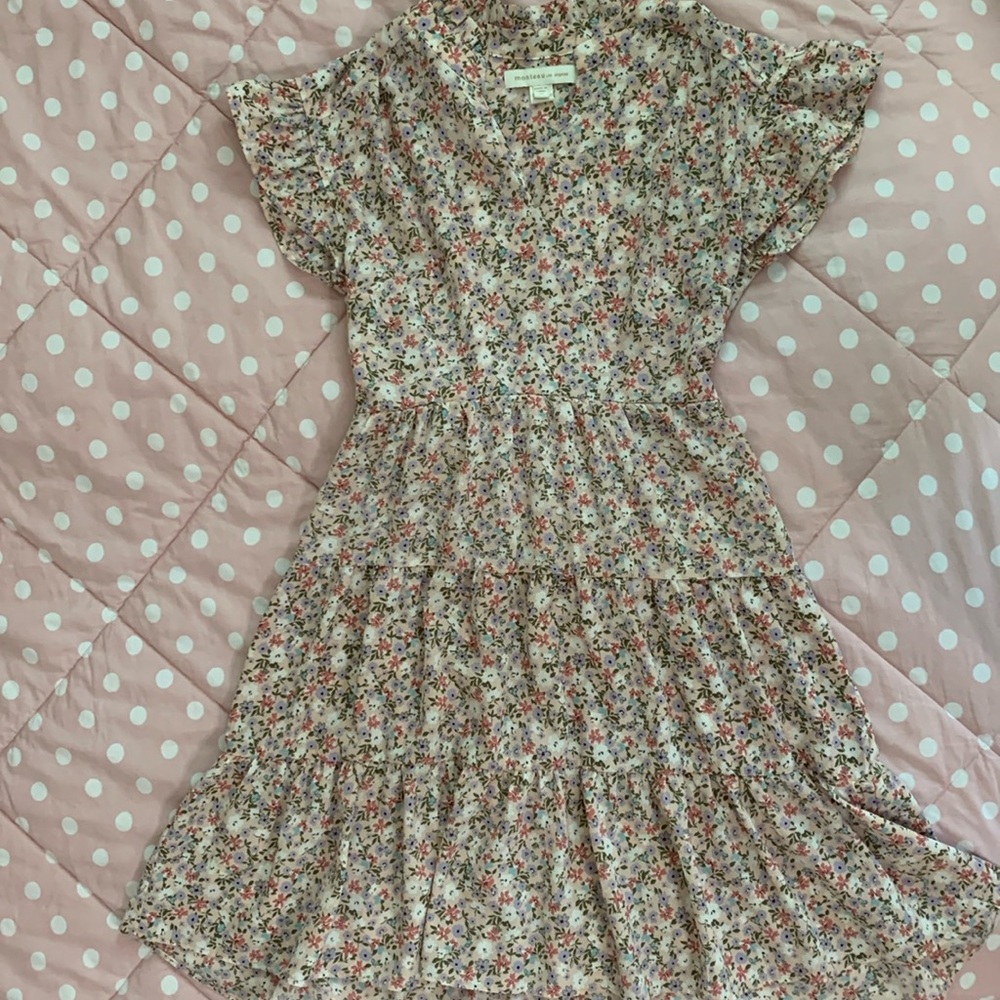 Floral dress. Super cute pink floral dress with ruffle sleeves and layers.